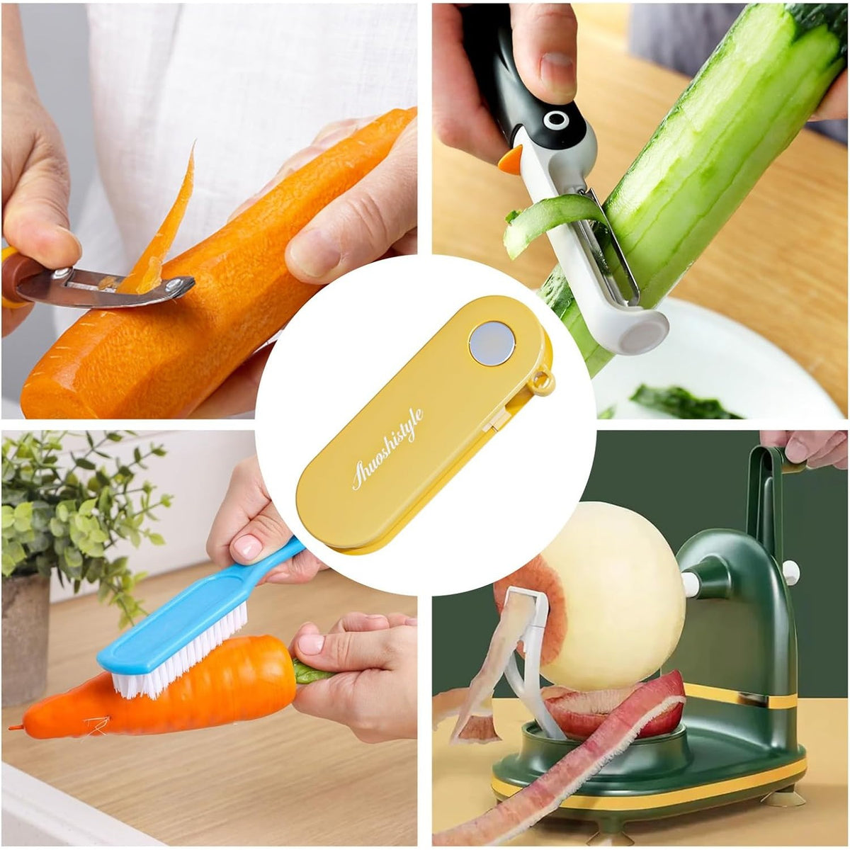 Peeler Multifunctional pentru Legume si Fructe, Curatator Pliabil cu Lame Duble Rotative, Otel Inoxidabil si ABS, 3.6 x 9.1 cm, Galben