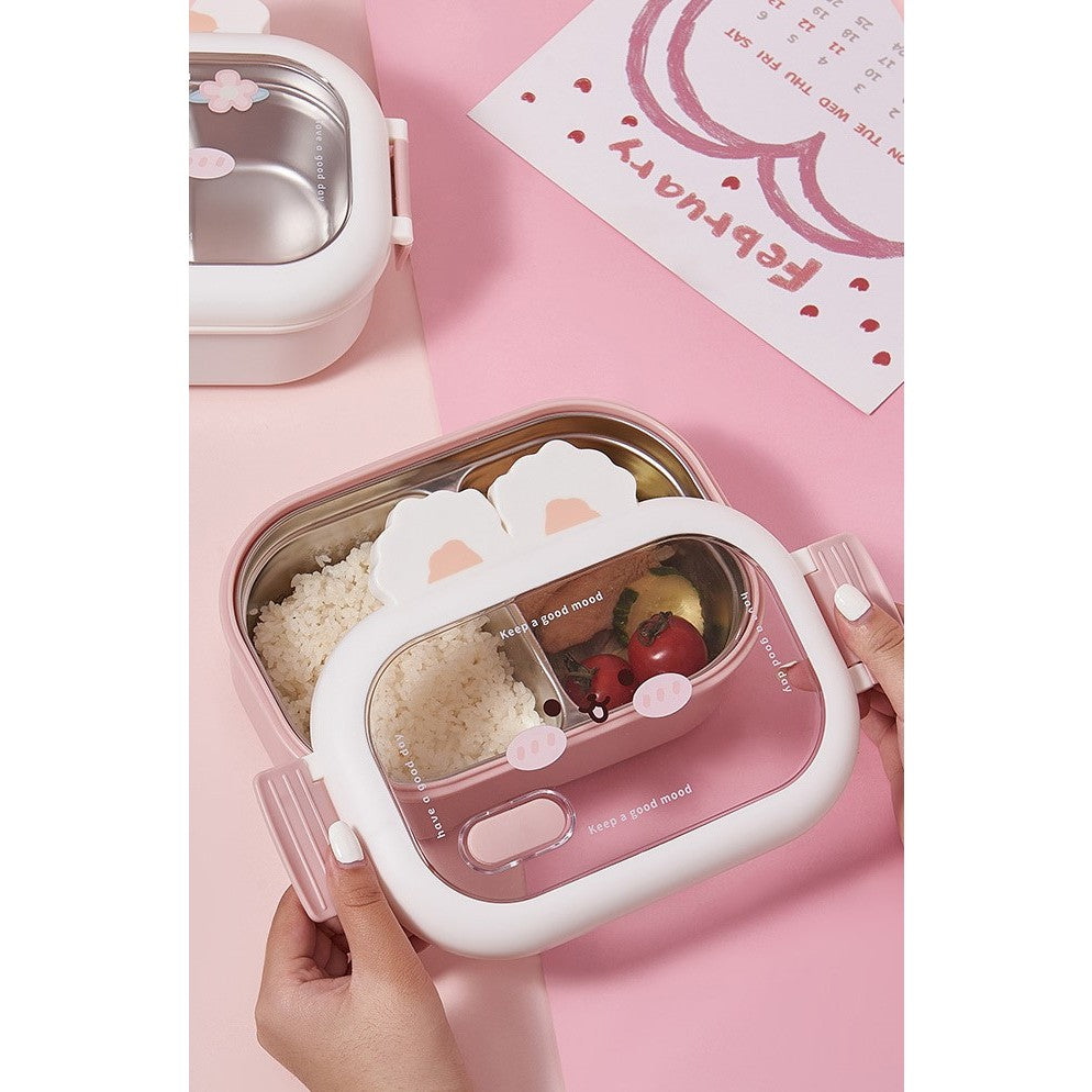 Cutie Pentru Pranz Si Gustari, Caserola Etansa Cu 2 Compartimente Si Design Iepuras, Polipropilena, 1000 mL, 22x17.8x8 cm, Roz