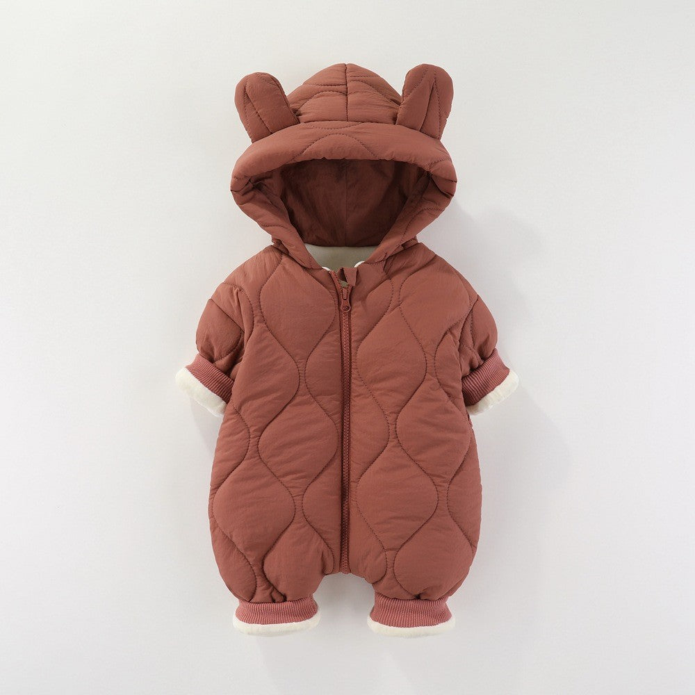 Combinezon Iarna Bebelusi, Captuseala Bumbac Imblanit si Gluga cu Urechi, Exterior Nailon Impermeabil, Mansete Elastice, Unisex, 66 cm, Visiniu