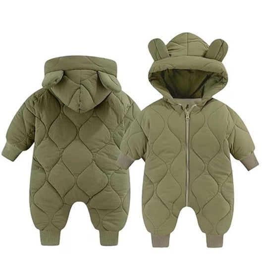 Combinezon de Iarna pentru Bebelusi, Gluga cu Urechi si Mansete Elastice, Exterior Nailon cu Umplutura Bumbac, Unisex, 66 cm, Verde