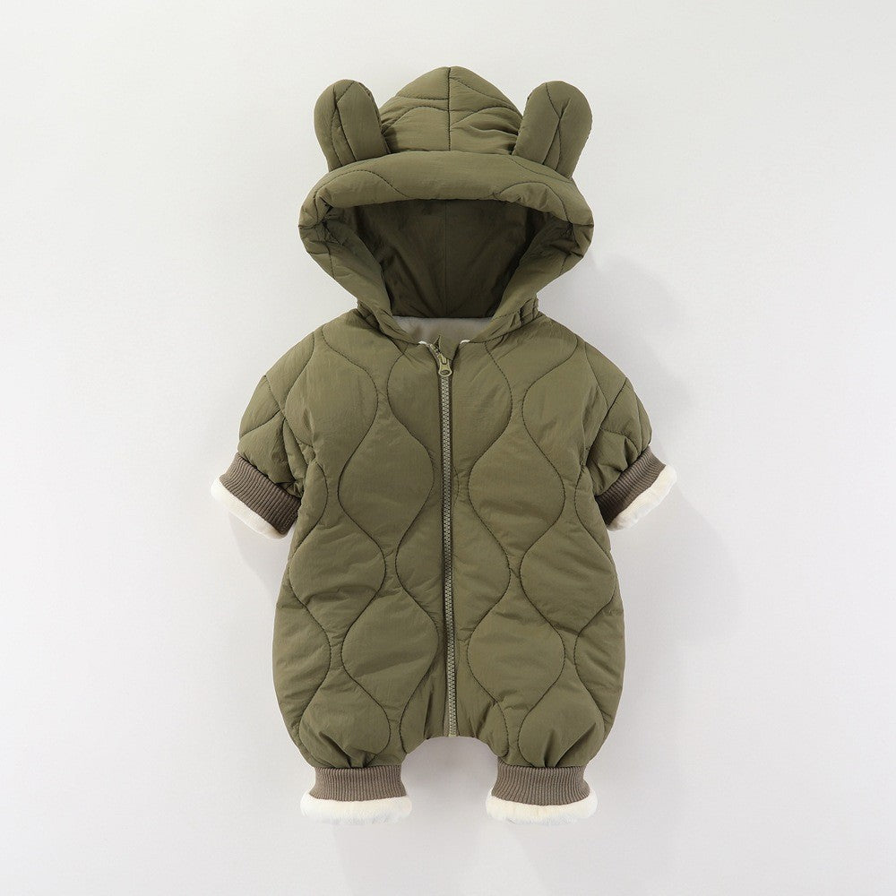 Combinezon De Iarna Pentru Bebelusi Si Nou-Nascuti, Captuseala Din Bumbac Imblanit Si Exterior Din Nailon, Gluga Cu Urechi, Inchidere Cu Fermoar, Unisex, 73 cm, Verde