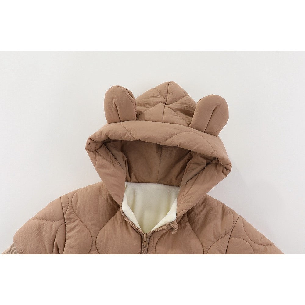 Combinezon de Iarna pentru Bebelusi, Captuseala Bumbac Imblanit si Gluga cu Urechi, Exterior Nailon Impermeabil, Mansete Elastice, Unisex, 73 cm, Maro