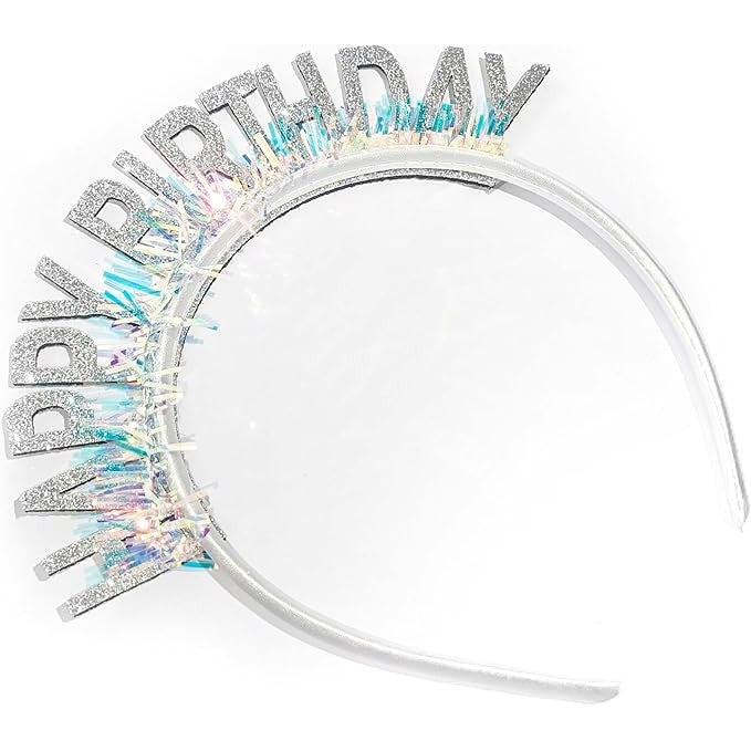 Coronita Decorativa Happy Birthday pentru Aniversare, Diadema Festiva cu Paiete Laser si Sclipici, Material Plastic Flexibil, Marime Universala, Argintiu