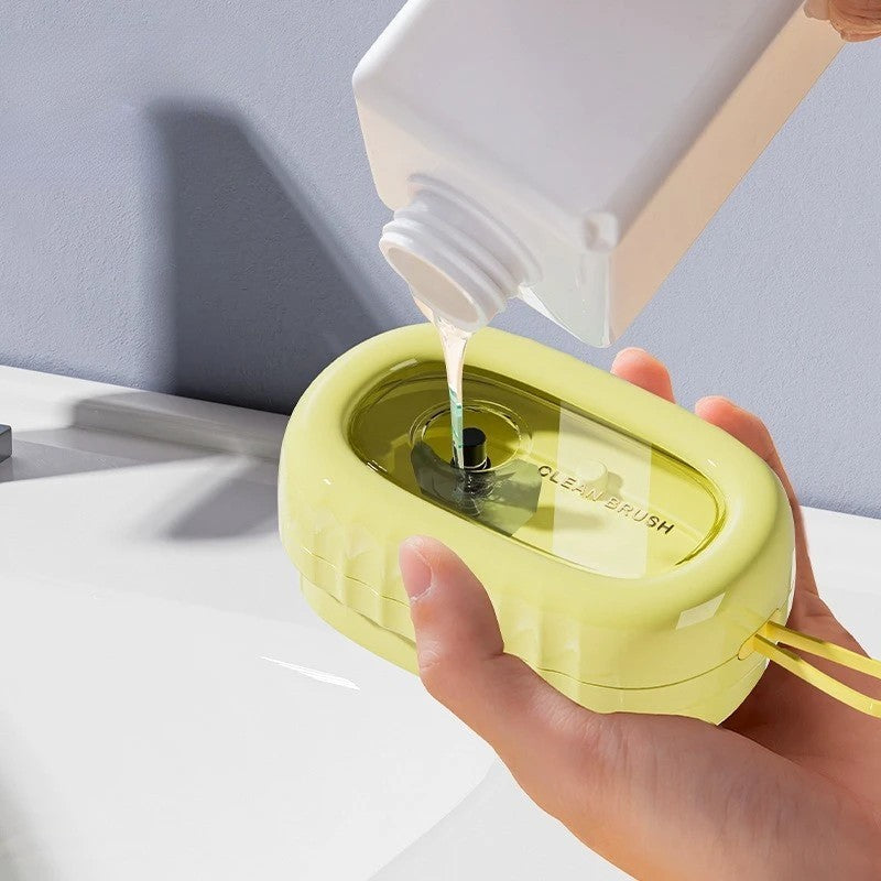 Perie de Spalat Haine, Dispenser Detergent cu Buton, 4 Role pentru Curatare, ABS si PS, Galben
