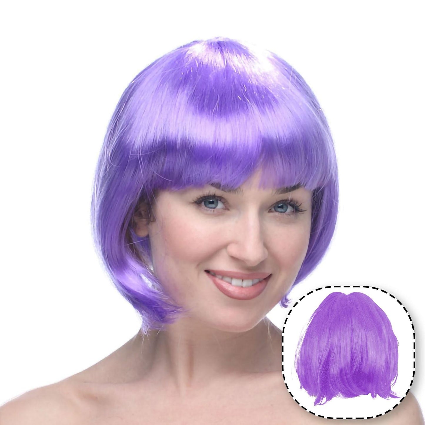 Peruca Cosplay Bob cu Breton, Accesoriu Carnaval si Halloween, Fibra Sintetica PET, Marime Universala, 100 g, Mov
