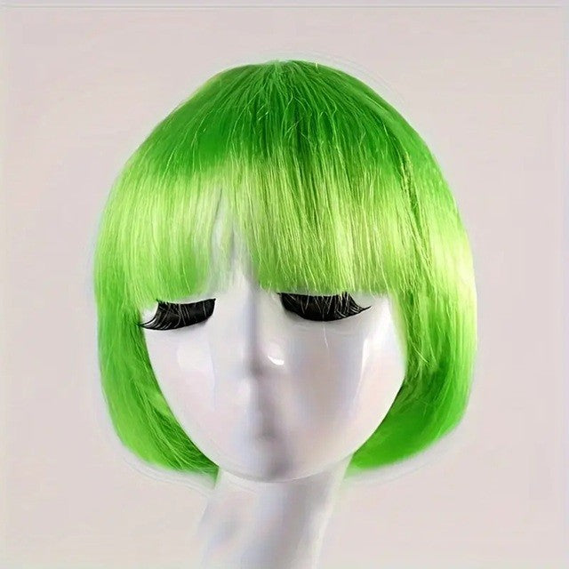 Peruca Cosplay Bob cu Breton, Accesoriu Carnaval si Halloween, Fibra Sintetica PET, Marime Universala, 100 g, Verde