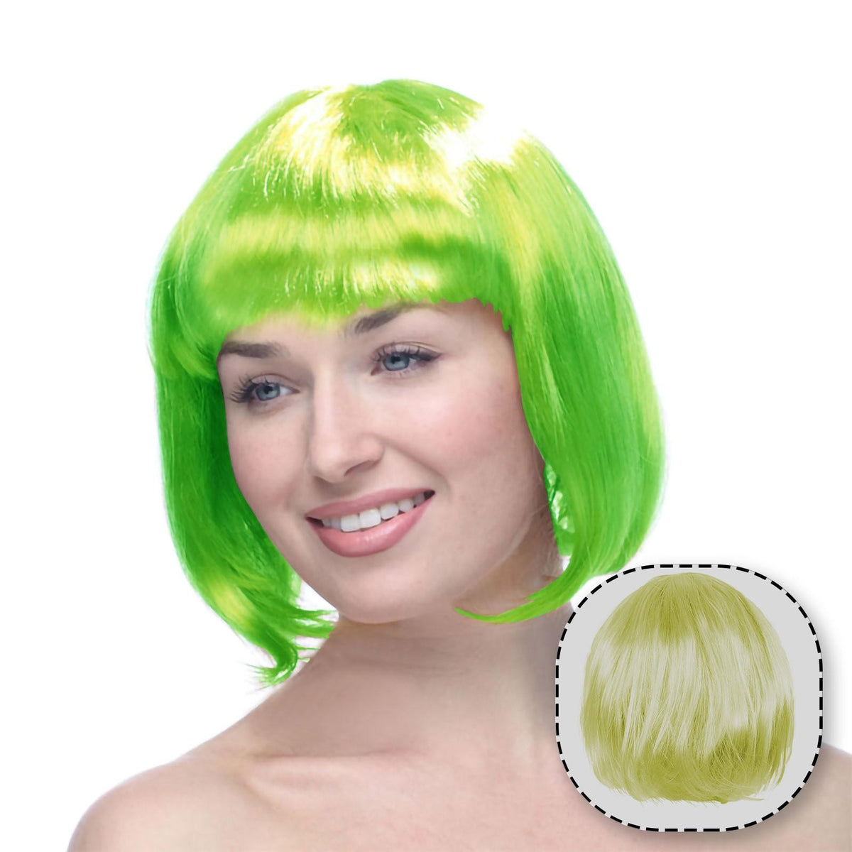 Peruca Cosplay Bob cu Breton, Accesoriu Carnaval si Halloween, Fibra Sintetica PET, Marime Universala, 100 g, Verde