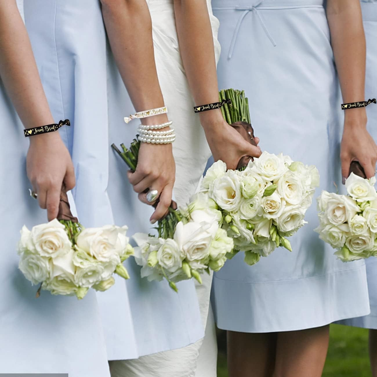 Set 11 Brătări pentru Petrecerea Burlăcițelor, Accesorii Textile Elastice Bride și Team Bride, Pânză, Mărime Universală, 1 Alb și 10 Negru
