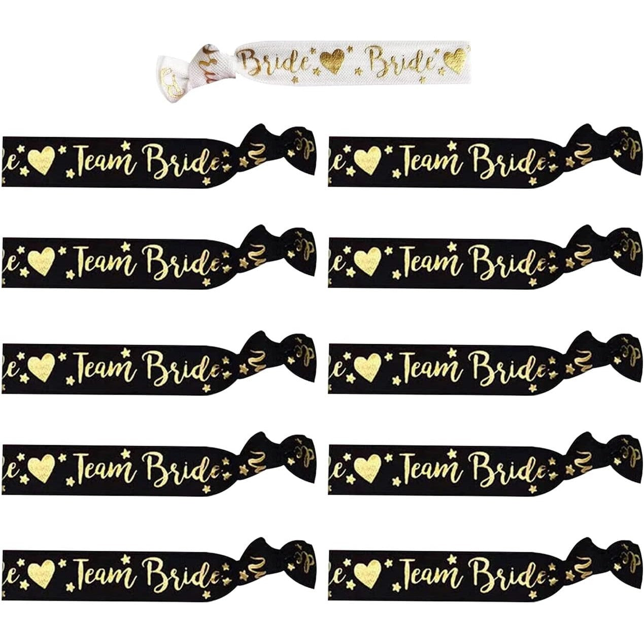 Set 11 Brătări pentru Petrecerea Burlăcițelor, Accesorii Textile Elastice Bride și Team Bride, Pânză, Mărime Universală, 1 Alb și 10 Negru
