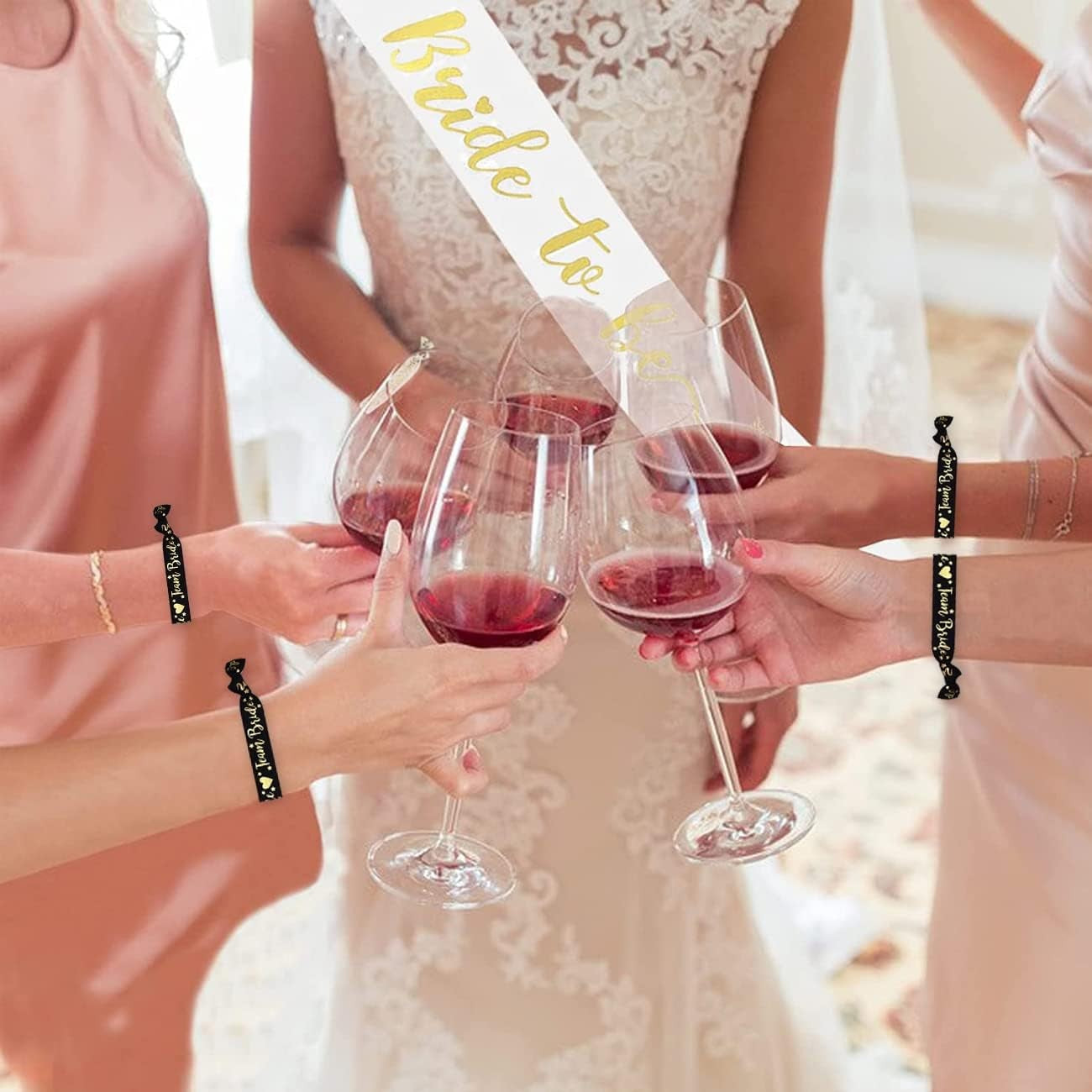 Set 11 Brătări pentru Petrecerea Burlăcițelor, Accesorii Textile Elastice Bride și Team Bride, Pânză, Mărime Universală, 1 Alb și 10 Negru