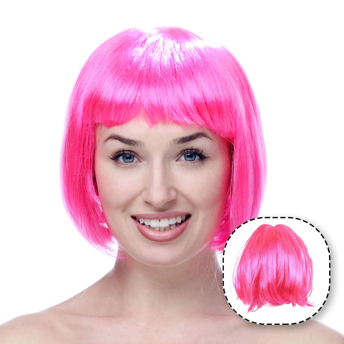 Peruca Cosplay Tunsoare Bob cu Breton, Accesoriu Costume Carnaval si Halloween, Fibra Sintetica PET, Marime Universala, Roz Deschis
