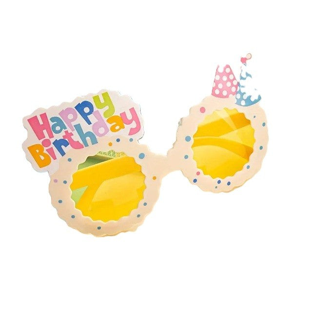 Ochelari Decorativi Petrecere, Model Happy Birthday, Accesoriu Aniversare Unisex, Material ABS Rezistent, 13.5 x 8.5 cm, Bej cu Lentile Galbene
