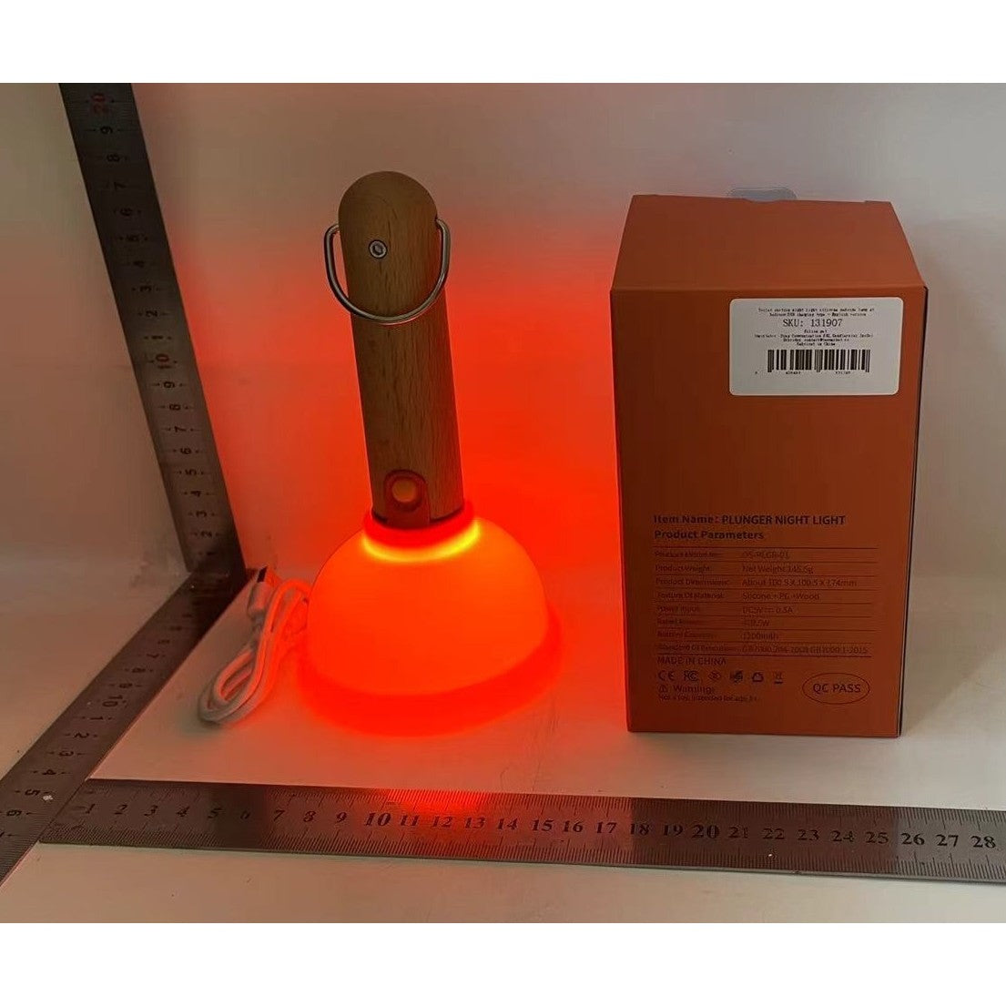 Lampă Nocturnă Reîncărcabilă, Formă Ventuză Toaletă, Lumină Caldă, Autonomie 16 Ore, Baterie 1200 mAh, Lemn și Silicon, 16 x 9 cm, Portocaliu