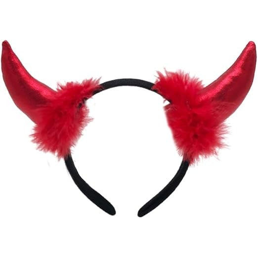 Bentita Deghizare Diavol, Cornite Devil Rosu Satinat cu Puf, Plastic si Plus, Marime Universala, 1 Bucata