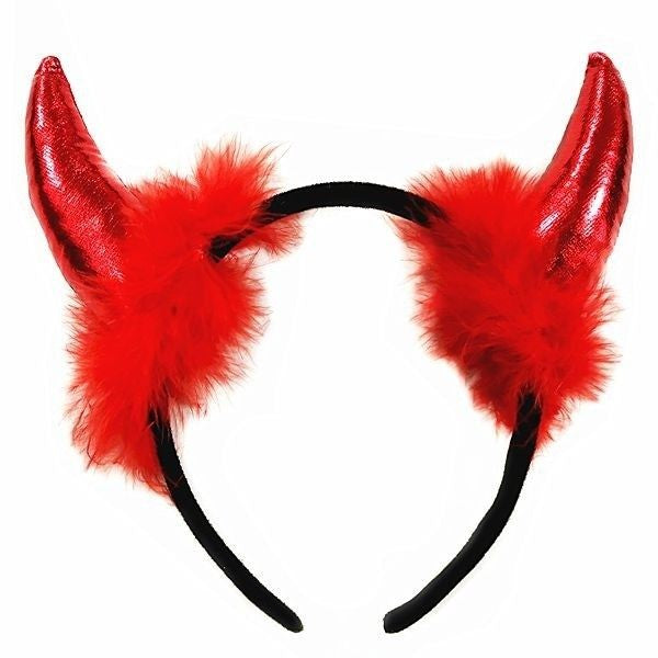 Bentita Deghizare Diavol, Cornite Devil Rosu Satinat cu Puf, Plastic si Plus, Marime Universala, 1 Bucata