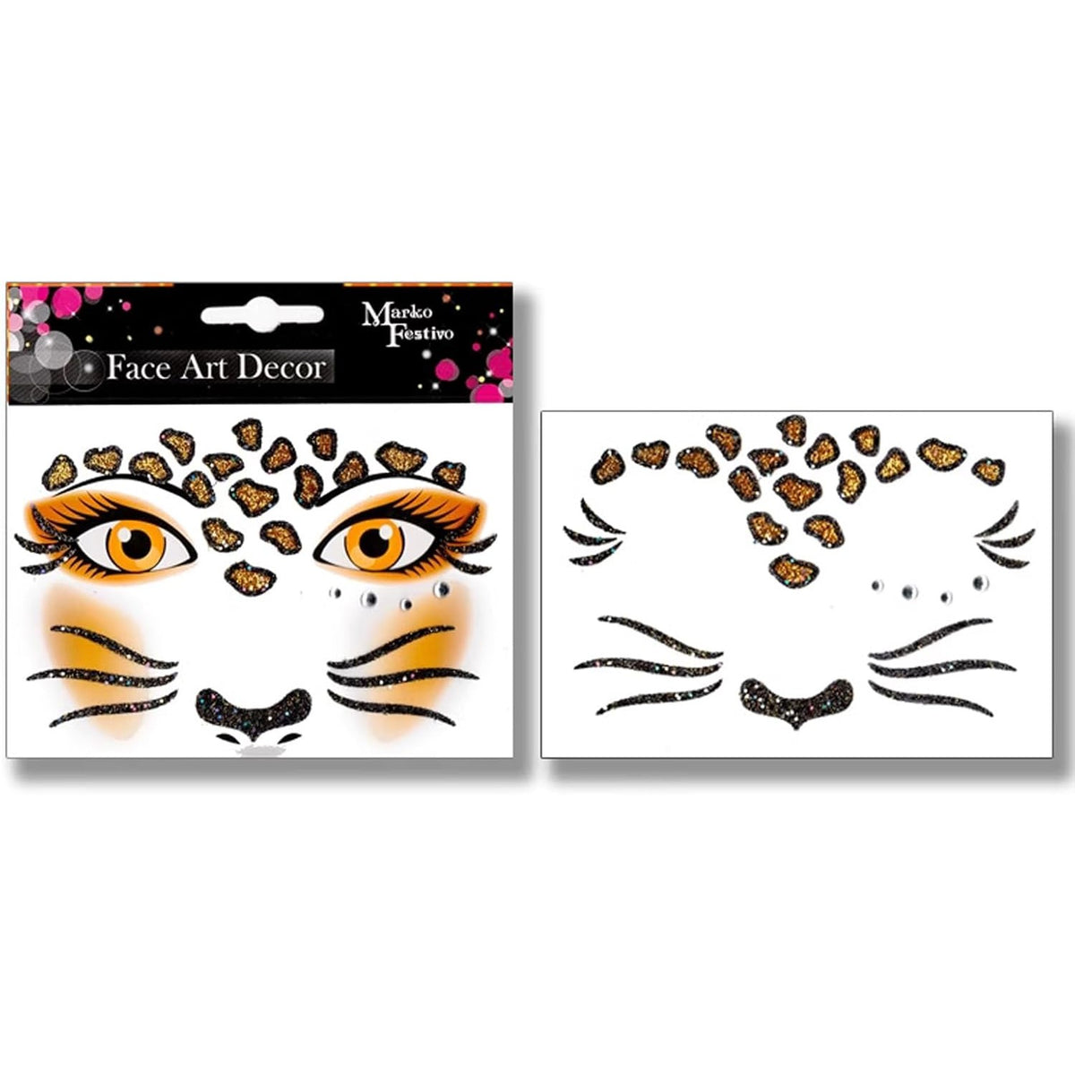 Sticker Temporar pentru Fata, Machiaj Face Art cu Sclipici, Autocolant Tip Masca Halloween si Teatru, Material PET, Model Leopard, Maro