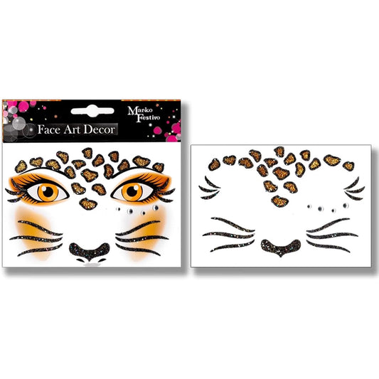 Sticker Temporar pentru Fata, Machiaj Face Art cu Sclipici, Autocolant Tip Masca Halloween si Teatru, Material PET, Model Leopard, Maro