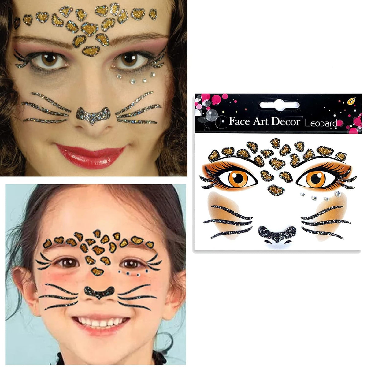 Sticker Temporar pentru Fata, Machiaj Face Art cu Sclipici, Autocolant Tip Masca Halloween si Teatru, Material PET, Model Leopard, Maro