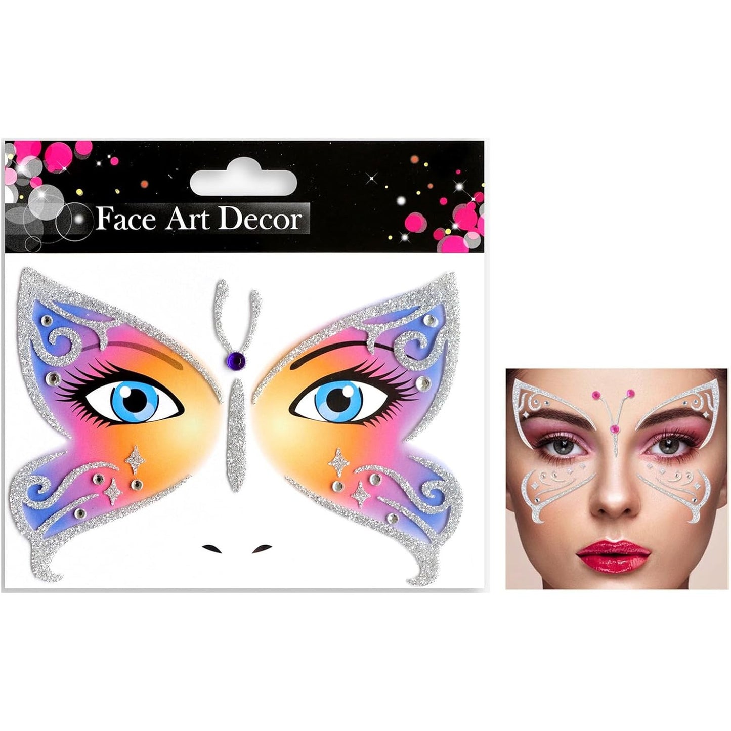 Sticker Temporar pentru Față, Autocolant Machiaj Face Art cu Sclipici, Design Fluture, Material PET Autoadeziv, Multicolor, 12.8 x 12 cm