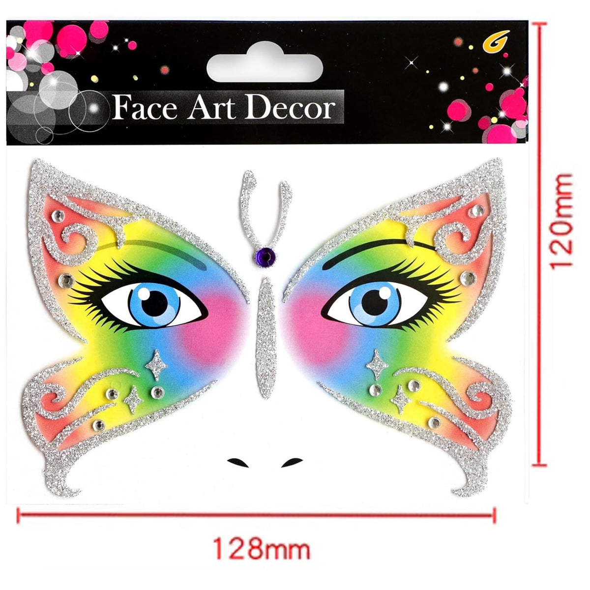 Sticker Temporar pentru Față, Autocolant Machiaj Face Art cu Sclipici, Design Fluture, Material PET Autoadeziv, Multicolor, 12.8 x 12 cm