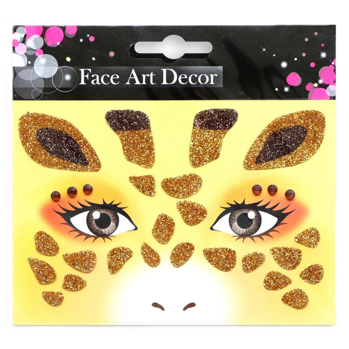 Sticker Temporar pentru Fata, Machiaj Face Art si Halloween, Autocolant cu Sclipici si Design Artistic, Material PET Autoadeziv, Model Girafa, Galben, 12.8 x 12 cm