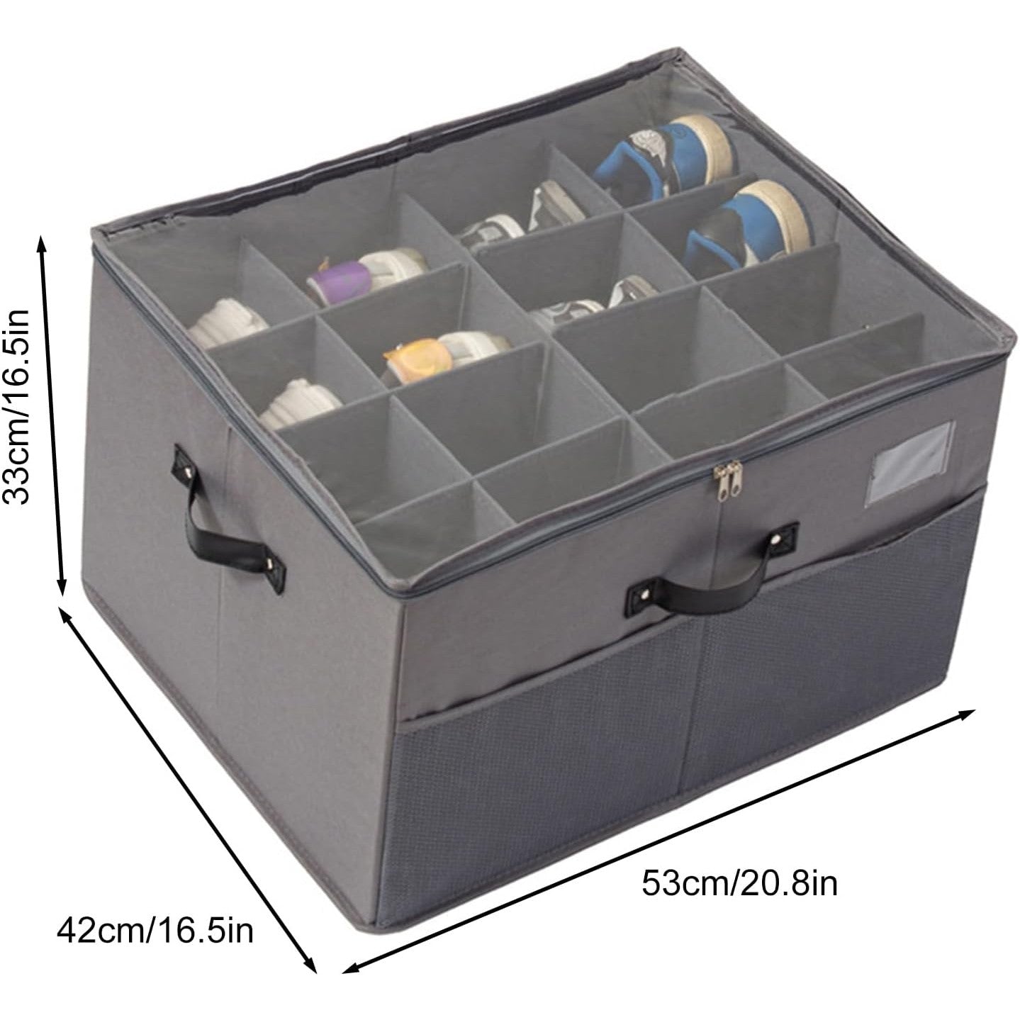 Cutie Depozitare Pantofi, Organizator Pliabil cu Capac Transparent și Fermoar Bidirecțional, Panză Oxford și Polipropilenă, cu Mânere și Suport Etichetă, 53 x 42 x 33 cm, Gri