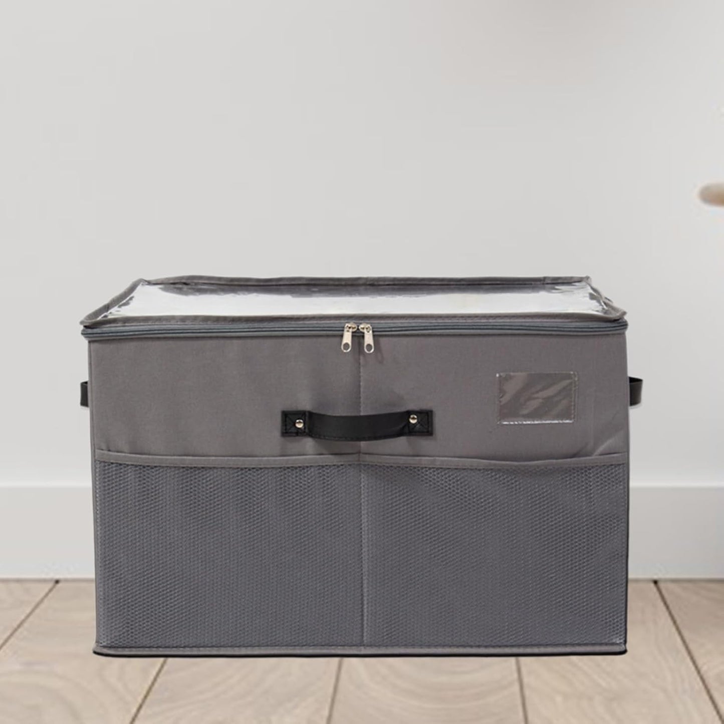 Cutie Depozitare Pantofi, Organizator Pliabil cu Capac Transparent și Fermoar Bidirecțional, Panză Oxford și Polipropilenă, cu Mânere și Suport Etichetă, 53 x 42 x 33 cm, Gri