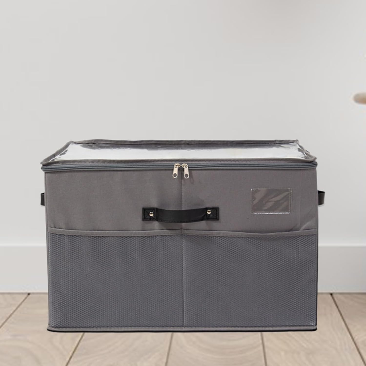Cutie Depozitare Pantofi, Organizator Pliabil cu Capac Transparent și Fermoar Bidirecțional, Panză Oxford și Polipropilenă, cu Mânere și Suport Etichetă, 53 x 42 x 33 cm, Gri