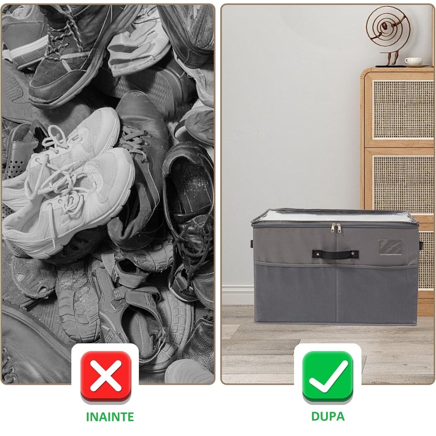 Cutie Depozitare Pantofi, Organizator Pliabil cu Capac Transparent și Fermoar Bidirecțional, Panză Oxford și Polipropilenă, cu Mânere și Suport Etichetă, 53 x 42 x 33 cm, Gri