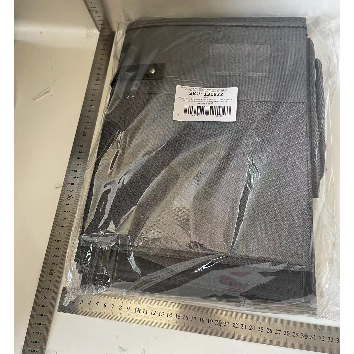 Cutie Depozitare Pantofi, Organizator Pliabil cu Capac Transparent și Fermoar Bidirecțional, Panză Oxford și Polipropilenă, cu Mânere și Suport Etichetă, 53 x 42 x 33 cm, Gri