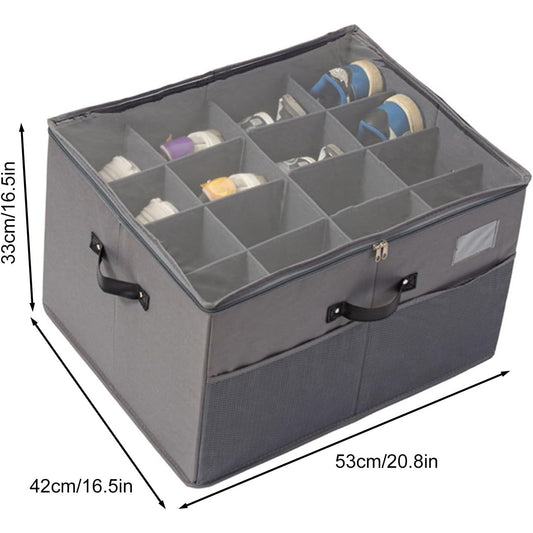 Cutie Depozitare Pantofi, Organizator Pliabil cu Capac Transparent și Fermoar Bidirecțional, Panză Oxford și Polipropilenă, cu Mânere și Suport Etichetă, 53 x 42 x 33 cm, Gri