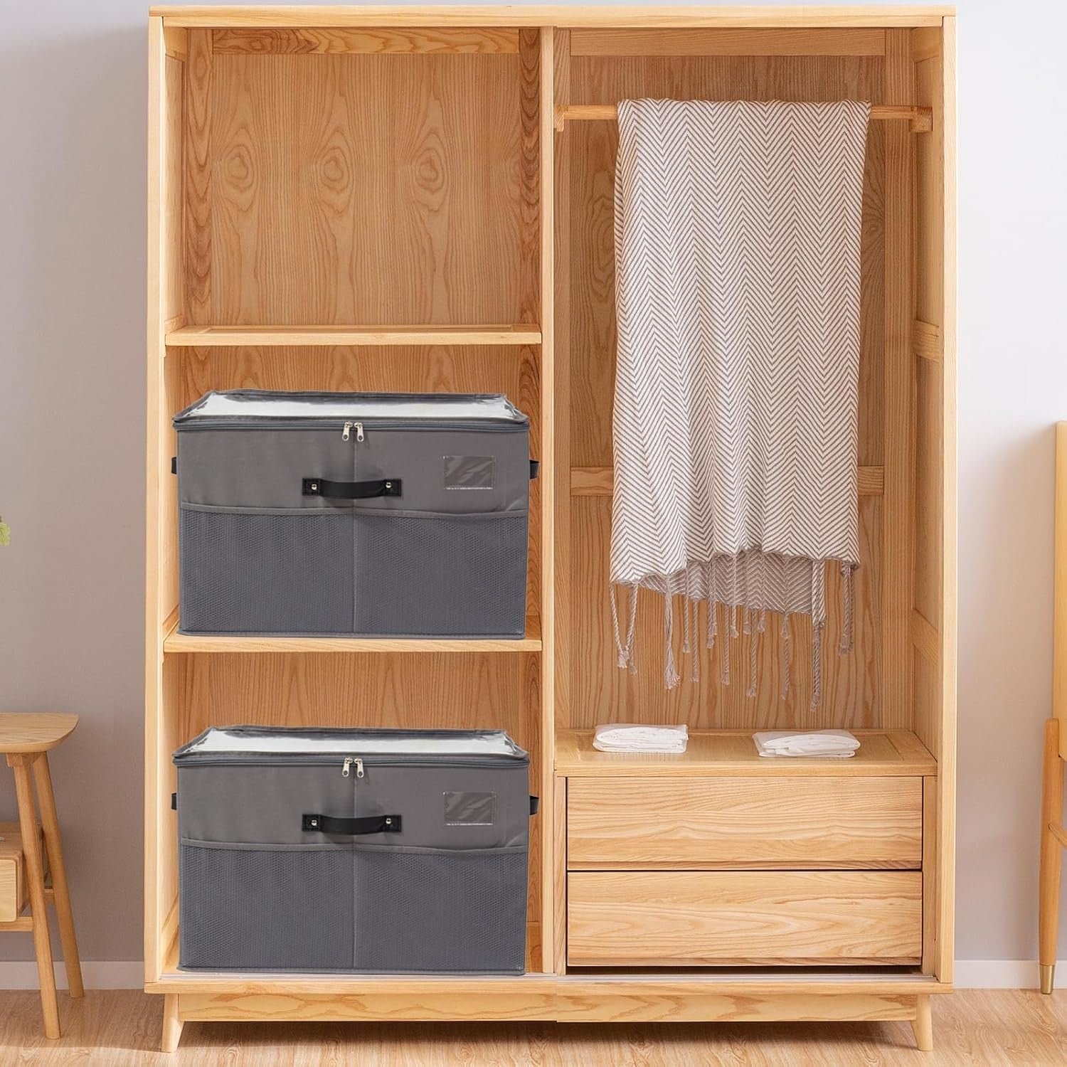 Cutie Depozitare Pantofi, Organizator Pliabil cu Capac Transparent și Fermoar Bidirecțional, Panză Oxford și Polipropilenă, cu Mânere și Suport Etichetă, 53 x 42 x 33 cm, Gri