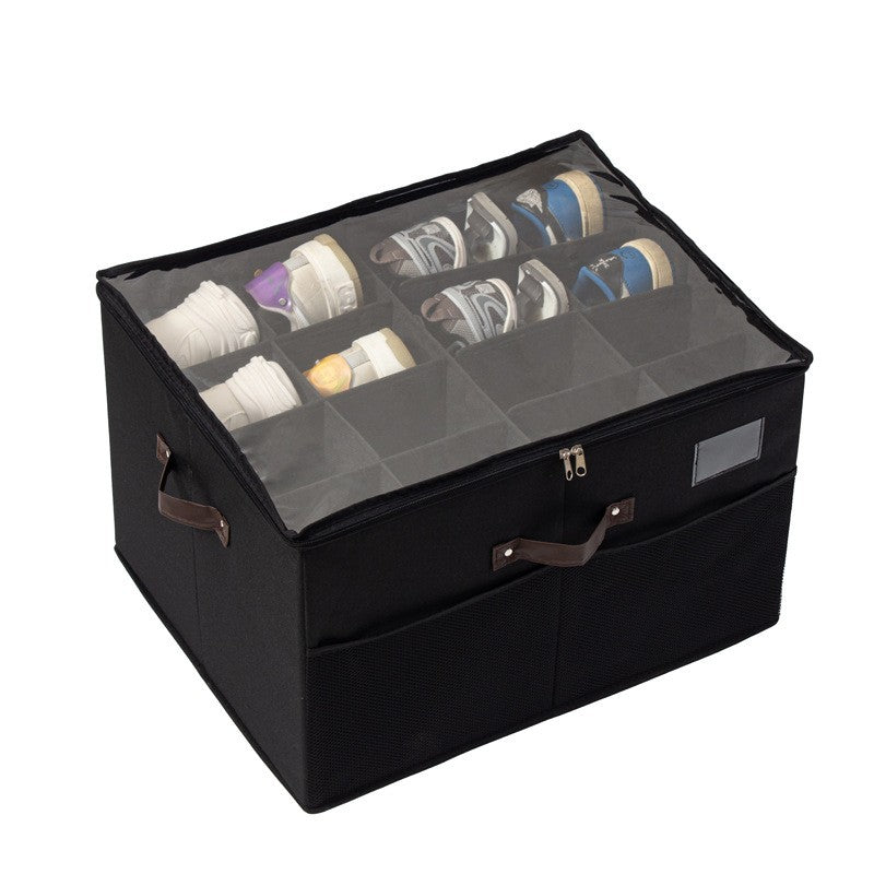 Cutie Depozitare Pantofi cu Capac Transparent, Organizator Pliabil cu Fermoar si Manere, Panza Oxford, Negru, 53x42x33 cm