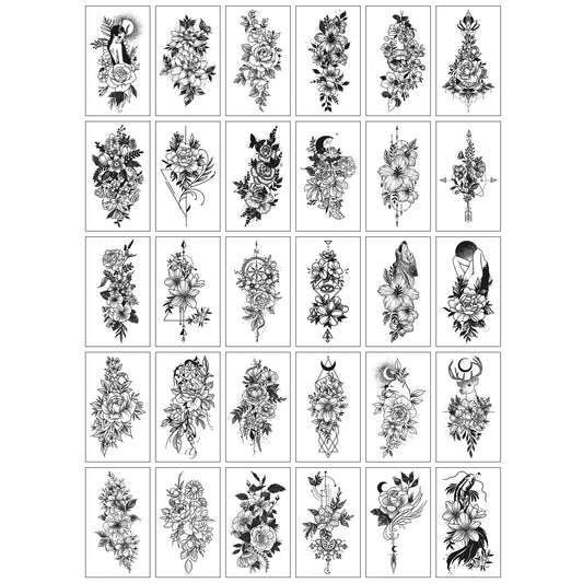 Set Tatuaje Temporare cu Aplicare pe Baza de Apa, Modele Artistice si Minimaliste, Rezistente la Apa, Aspect Realist, Model 4, Negru, 30 Bucati