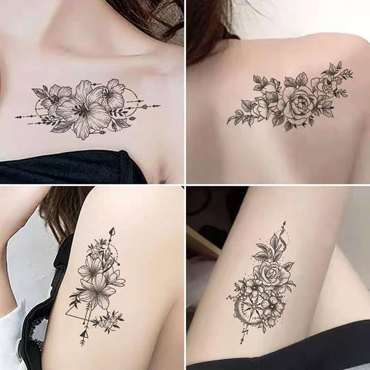 Set Tatuaje Temporare cu Aplicare pe Baza de Apa, Modele Artistice si Minimaliste, Rezistente la Apa, Aspect Realist, Model 4, Negru, 30 Bucati