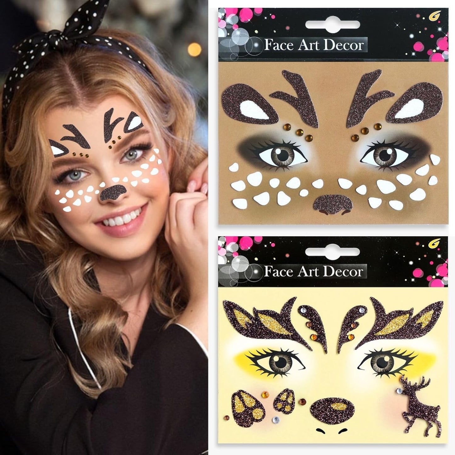 Sticker Temporar pentru Fata, Machiaj Face Art cu Sclipici, Autocolant Autoadeziv pentru Halloween si Teatru, Material PET, Model Caprioara, Maro, 12.8 x 12 cm