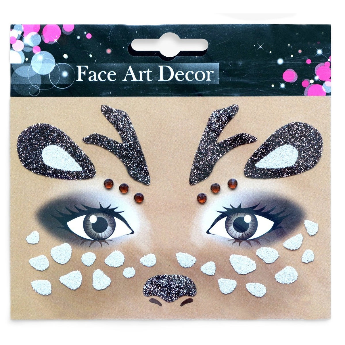 Sticker Temporar pentru Fata, Machiaj Face Art cu Sclipici, Autocolant Autoadeziv pentru Halloween si Teatru, Material PET, Model Caprioara, Maro, 12.8 x 12 cm