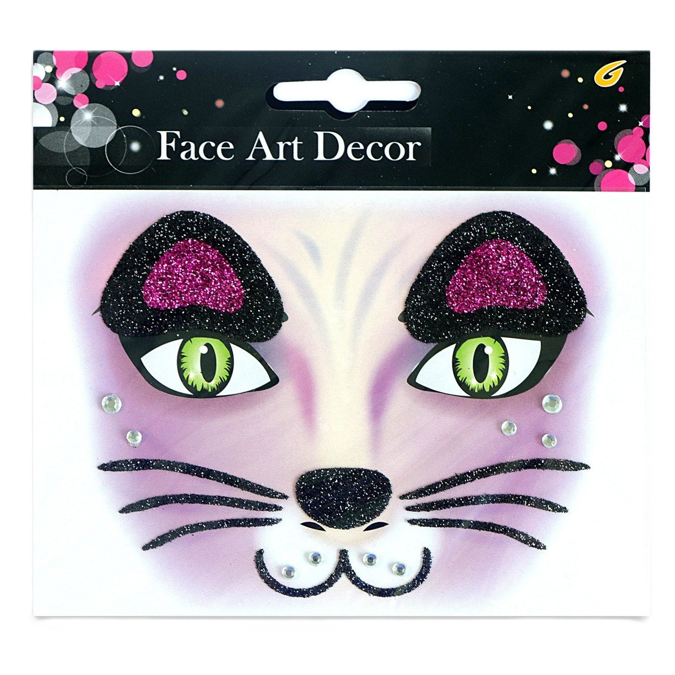 Sticker Temporar pentru Fata, Machiaj Face Art cu Sclipici si Design Pisica, Autocolant Tip Masca pentru Halloween si Teatru, Material PET Autoadeziv, Mov, 12.8 x 12 cm