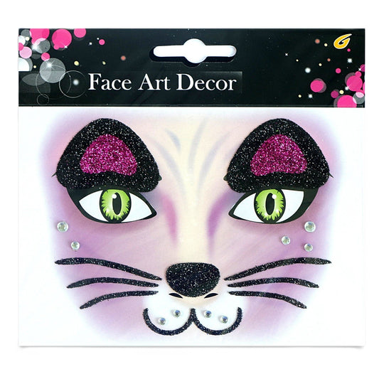Sticker Temporar pentru Fata, Machiaj Face Art cu Sclipici si Design Pisica, Autocolant Tip Masca pentru Halloween si Teatru, Material PET Autoadeziv, Mov, 12.8 x 12 cm