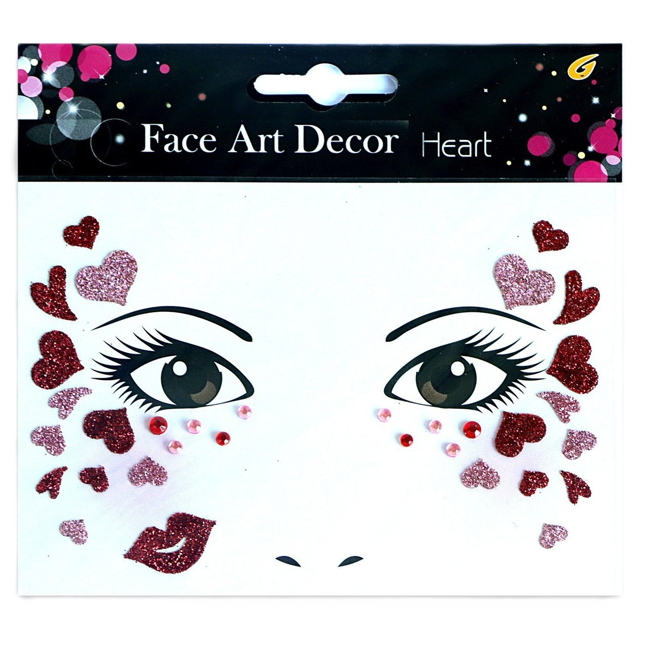 Sticker Temporar pentru Fata, Autocolant Machiaj Face Art cu Sclipici, Masca Autoadeziva pentru Halloween si Teatru, Material PET, Model Inimioare, Multicolor, 13 x 12 cm