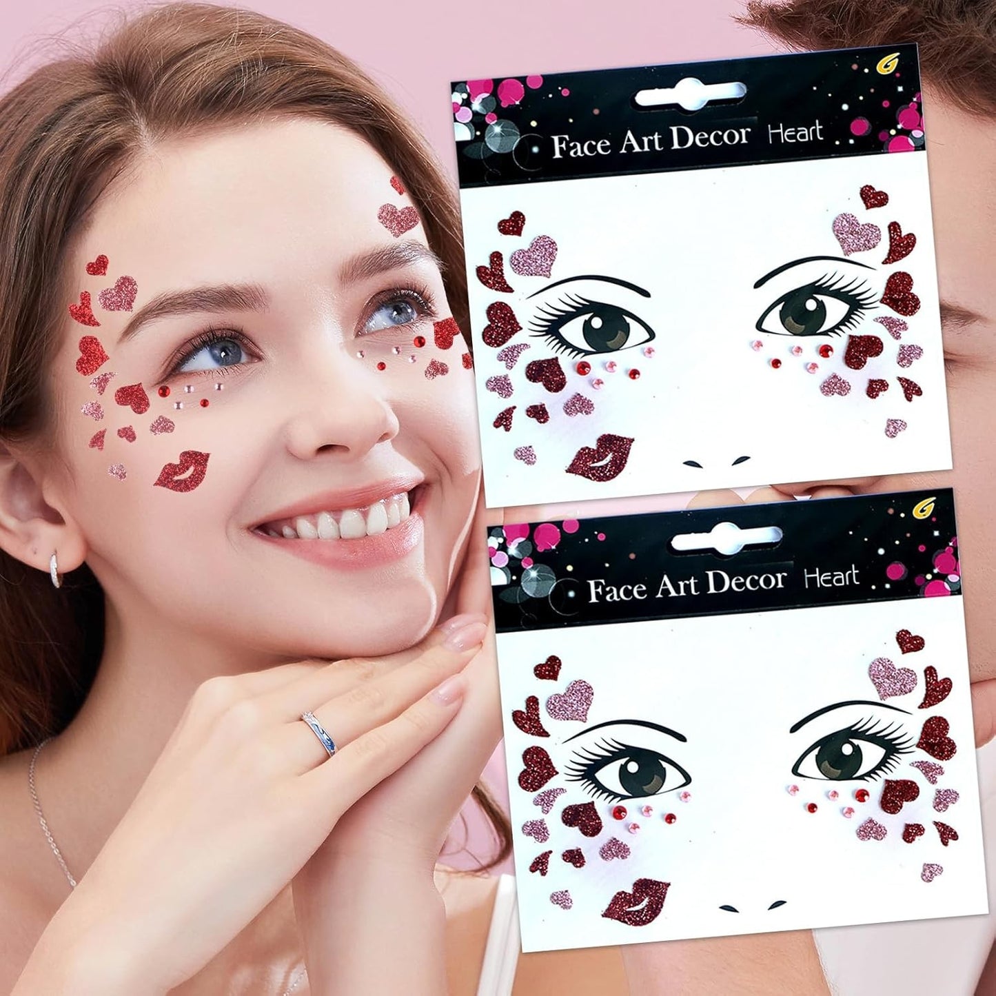 Sticker Temporar pentru Fata, Autocolant Machiaj Face Art cu Sclipici, Masca Autoadeziva pentru Halloween si Teatru, Material PET, Model Inimioare, Multicolor, 13 x 12 cm