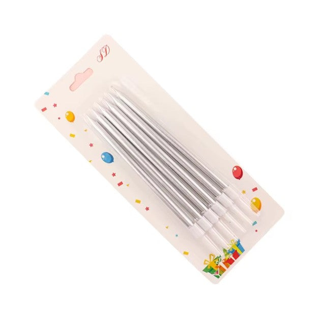Set Lumanari Tort Tip Creion, Efect Lucios si Elegant, Parafina cu Suport, Argintiu, 13.5 cm, 6 Bucati