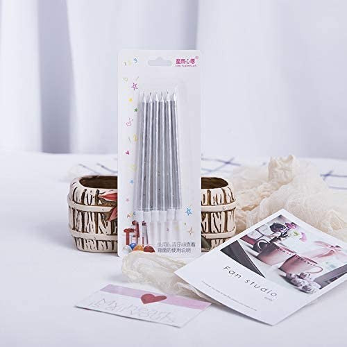 Set Lumanari Tort Tip Creion, Efect Lucios si Elegant, Parafina cu Suport, Argintiu, 13.5 cm, 6 Bucati