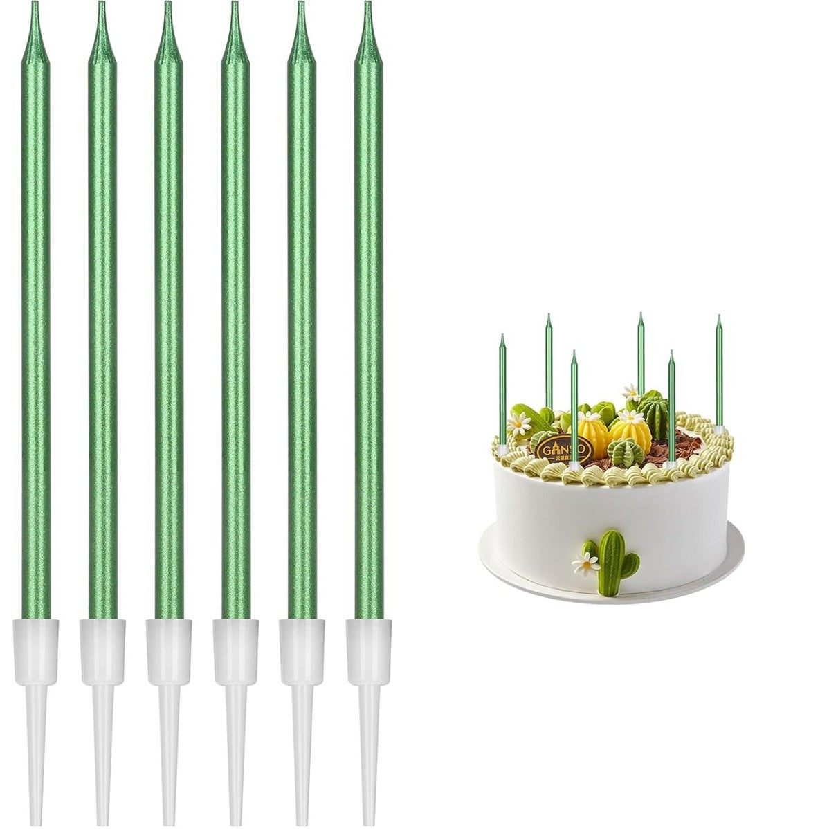Set Lumanari Tort Tip Creion, Efect Lucios si Elegant, Parafina cu Suport PP, 11 x 0.4 cm, Verde, 6 Bucati