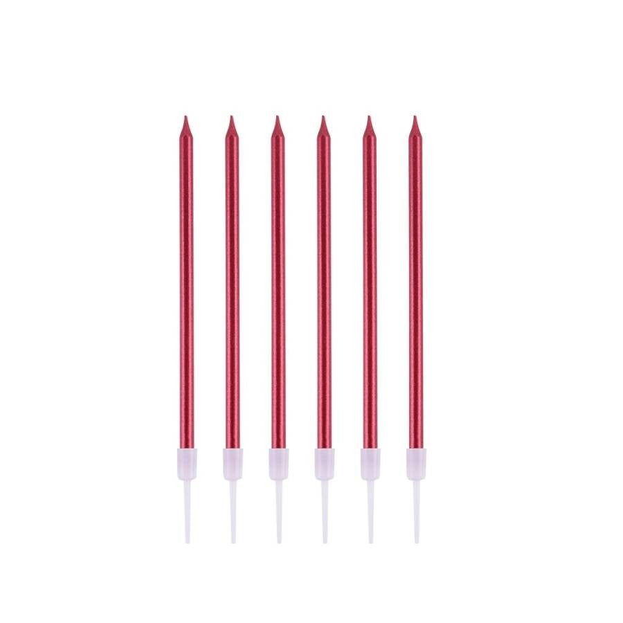 Set 6 Lumanari Tort tip Creion, Efect Lucios si Elegant, Parafina cu Suport PP, 11 x 0.4 cm, Rosu