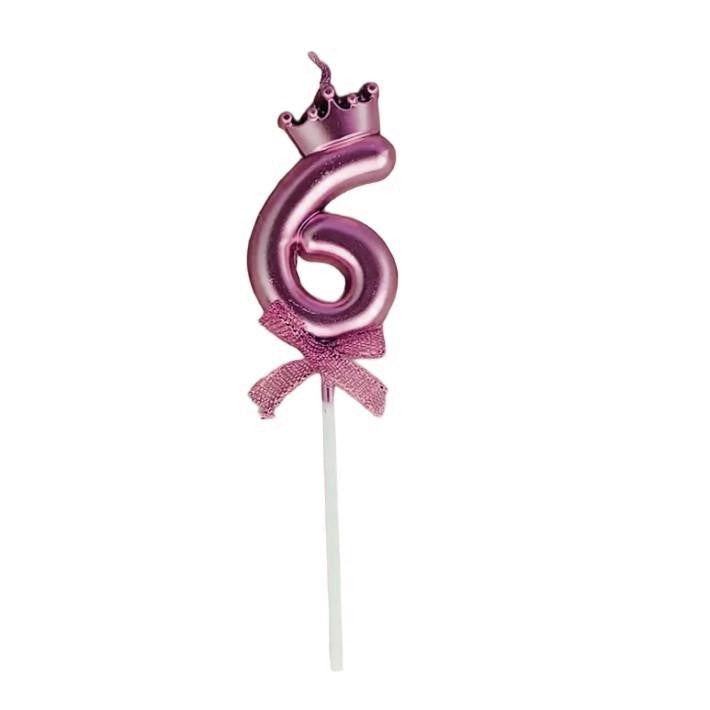 Lumânare Tort Cifra 6, Model Coroană cu Fundiță, Accesoriu Decorativ Aniversare, Parafină cu Suport, 6 x 2.5 cm, Mov