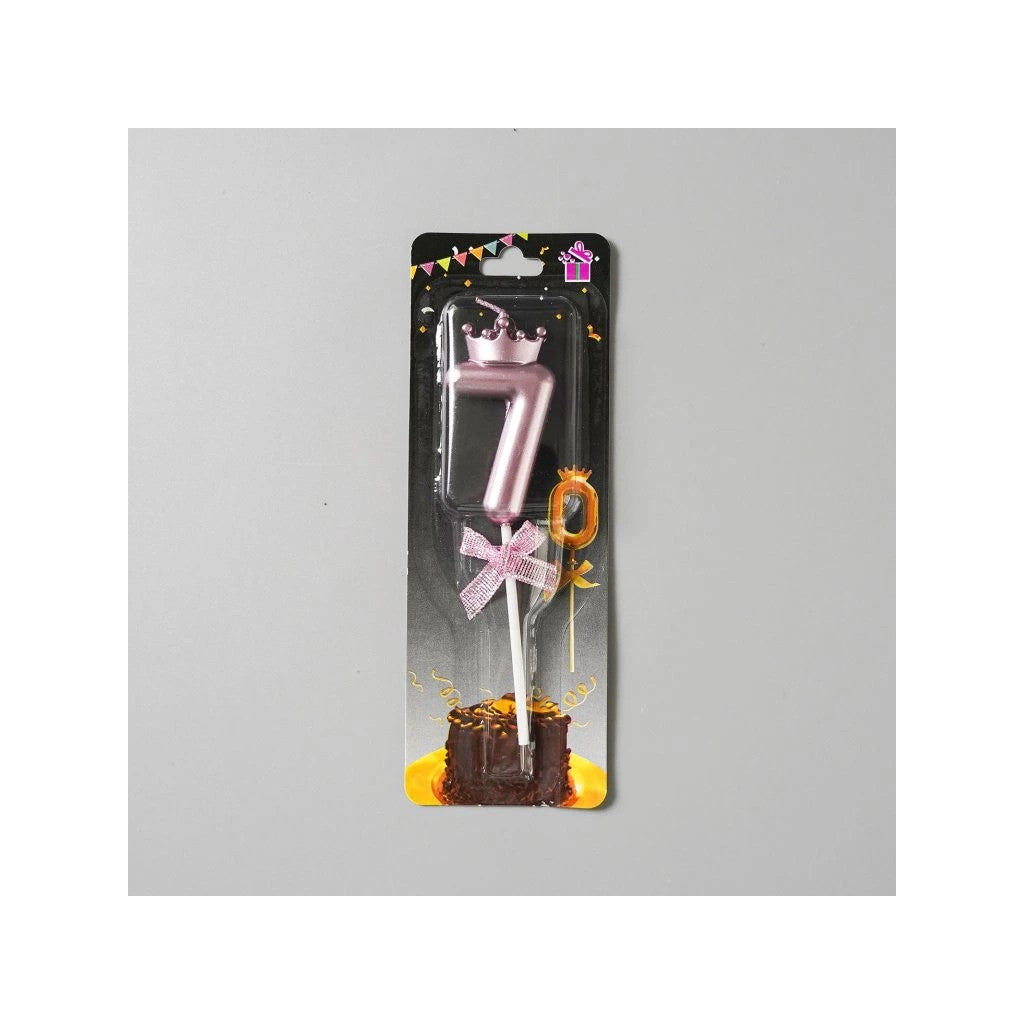 Lumanare Tort Cifra 7, Model Coroana cu Fundita, Parafina cu Suport Integrat, 6 x 2.5 cm, Mov