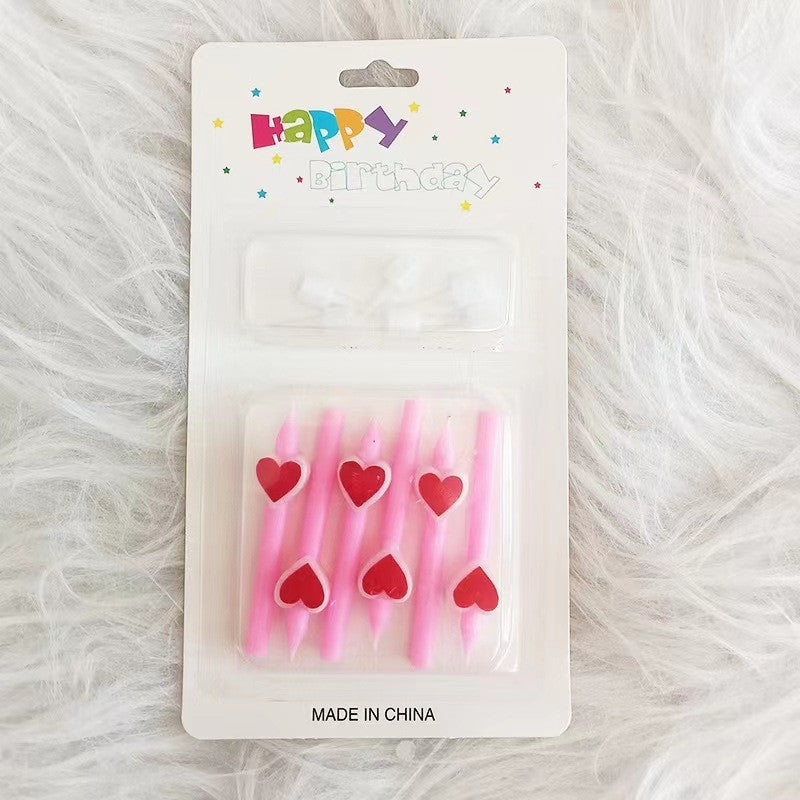 Set 6 Lumanari Pentru Tort, Model Creion cu Inimioare Happy Birthday, Ceara cu Suport Inclus, 5.9 x 1.1 cm, Roz
