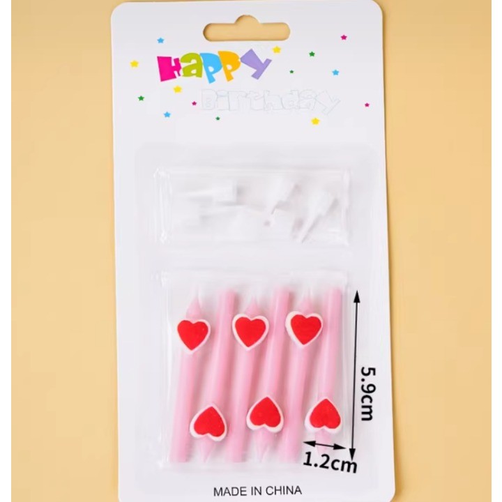 Set 6 Lumanari Pentru Tort, Model Creion cu Inimioare Happy Birthday, Ceara cu Suport Inclus, 5.9 x 1.1 cm, Roz