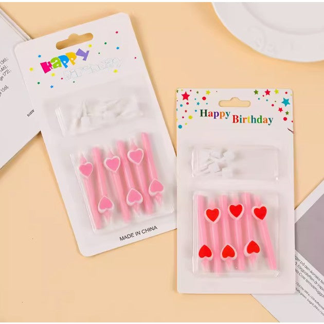 Set 6 Lumanari Pentru Tort, Model Creion cu Inimioare Happy Birthday, Ceara cu Suport Inclus, 5.9 x 1.1 cm, Roz